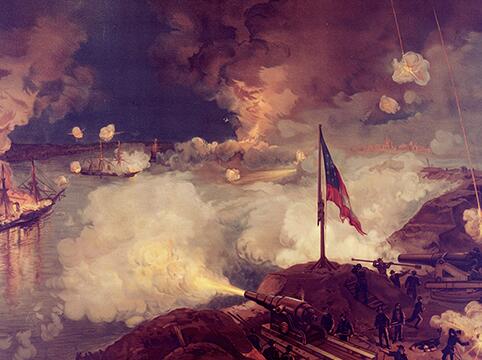 Picture of  battle between cannons on land and ships at sea, the flag flies in the picture