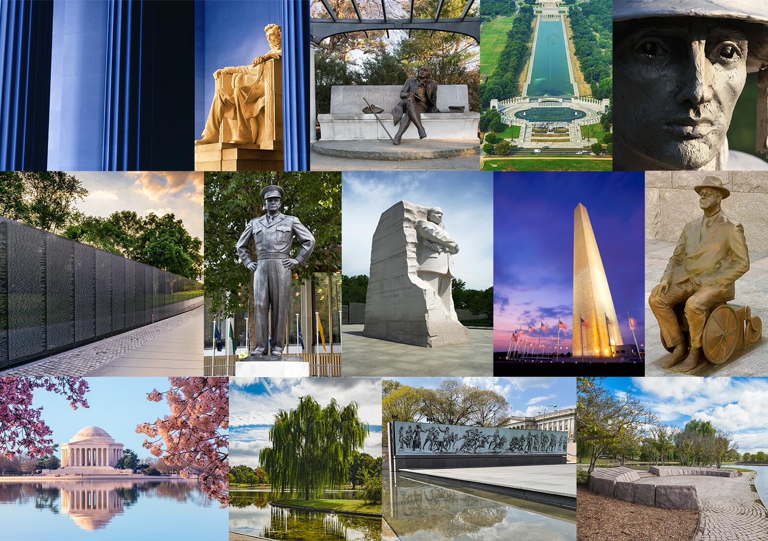 Collage of images of the Monuments from the National Mall.