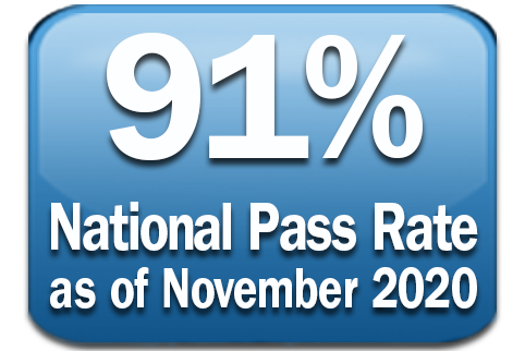 blue background with text of 91% pass rate as of November 2020