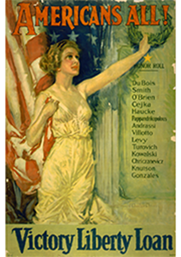 Poster with text - Americans All! Victory Liberty Loan. With a woman dressed as Lady Liberty on the poster.