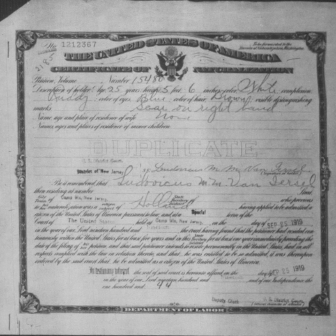 Picture of Sgt. Ludovicus Van Iersel's certificate of Naturalization