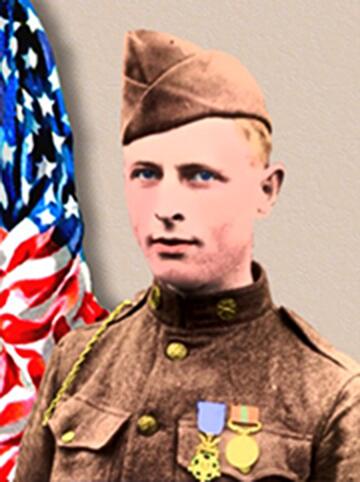 Photo of Reidar Waaler in uniform standing in front of the American Flag.