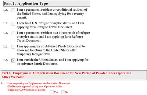 Form Screen shot that explains Part 2 Application Type