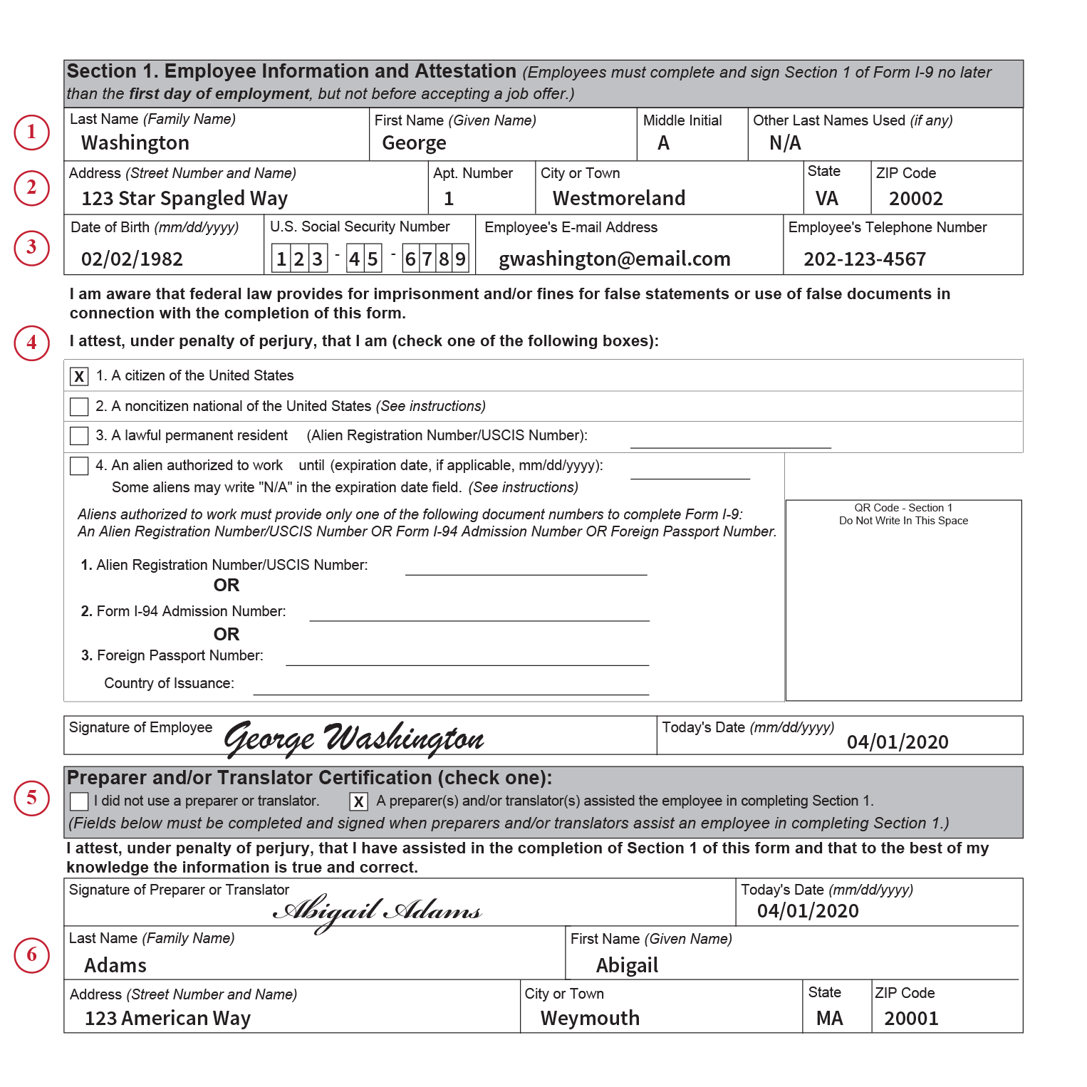 M-274 Infographic titled Completing Section 1: Employee Information and Attestation.  Infographic shows completed Section 1 as well as numbers that correlate to the instructions that follow. 