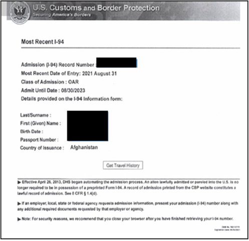 Form I-94 with OAR COA