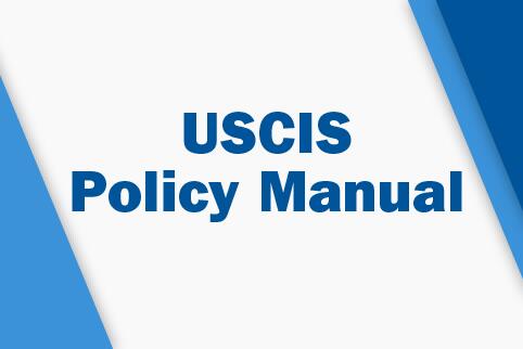 Image with blue triangles in the corners with the text USCIS Policy Manual