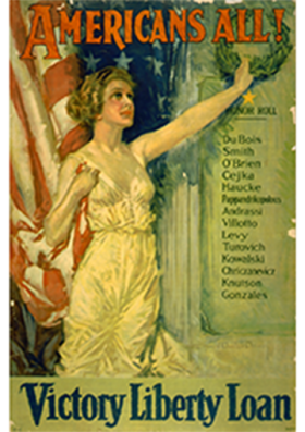 Poster with text - Americans All! Victory Liberty Loan. With a woman dressed as Lady Liberty on the poster.