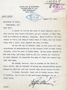 Old letter showing how a person's name was changed from Diamond to Cohen.